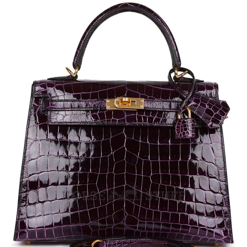 Hermès Kelly Sellier 25 Aubergine Shiny Crocodile Niloticus GHW