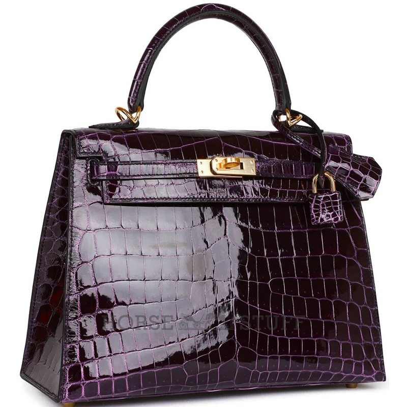 Hermès Kelly Sellier 25 Aubergine Shiny Crocodile Niloticus GHW