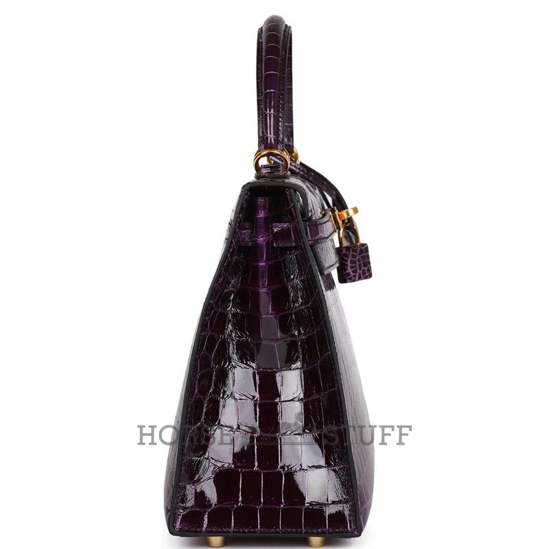 Hermès Kelly Sellier 25 Aubergine Shiny Crocodile Niloticus GHW
