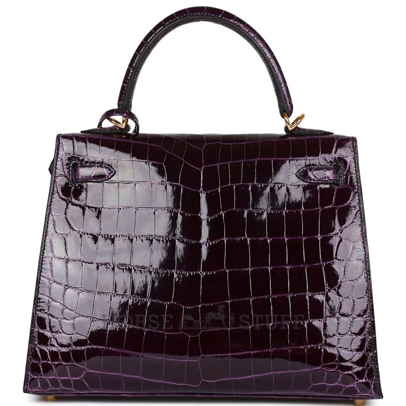 Hermès Kelly Sellier 25 Aubergine Shiny Crocodile Niloticus GHW