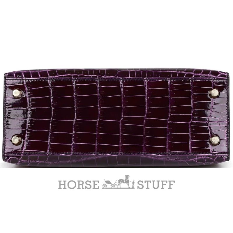 Hermès Kelly Sellier 25 Aubergine Shiny Crocodile Niloticus GHW