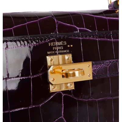 Hermès Kelly Sellier 25 Aubergine Shiny Crocodile Niloticus GHW