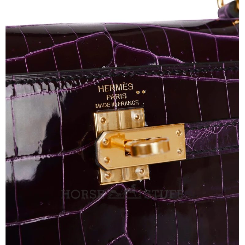 Hermès Kelly Sellier 25 Aubergine Shiny Crocodile Niloticus GHW