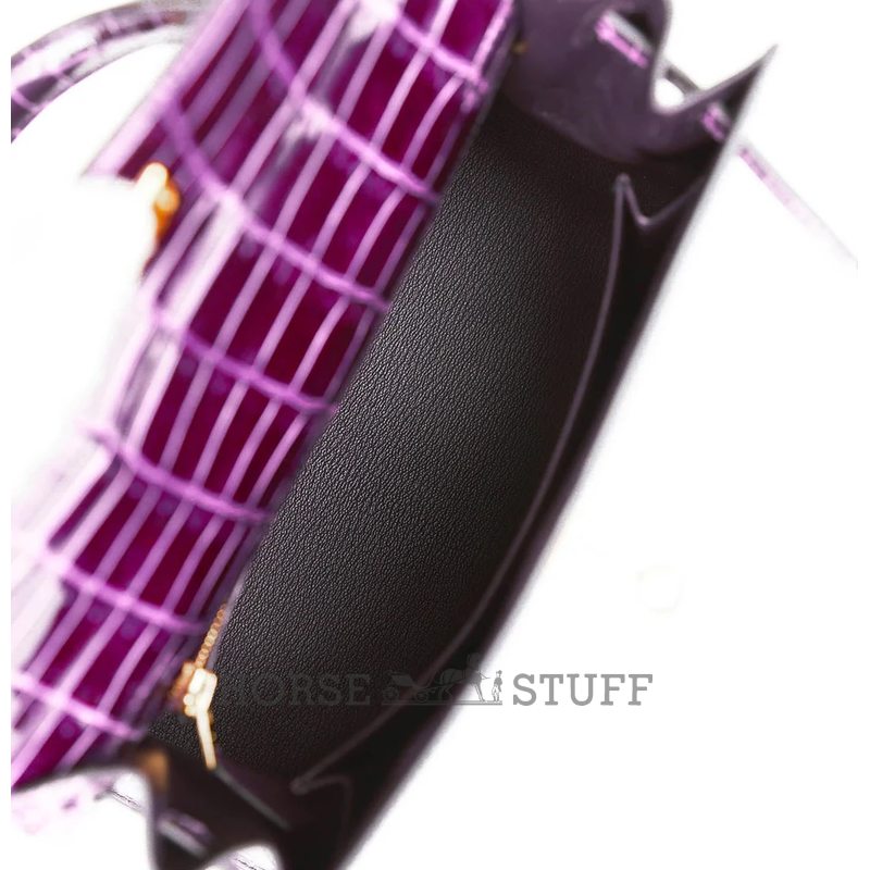 Hermès Kelly Sellier 25 Aubergine Shiny Crocodile Niloticus GHW