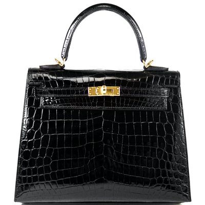 Hermès Kelly Sellier 25 Black Lisse Crocodile Niloticus GHW