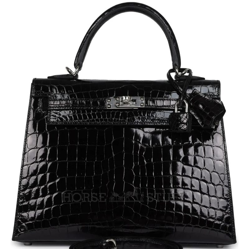 Hermès Kelly Sellier 25 Black Shiny Crocodile Niloticus PHW