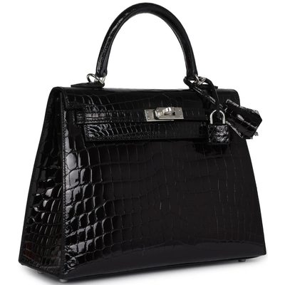Hermès Kelly Sellier 25 Black Shiny Crocodile Niloticus PHW