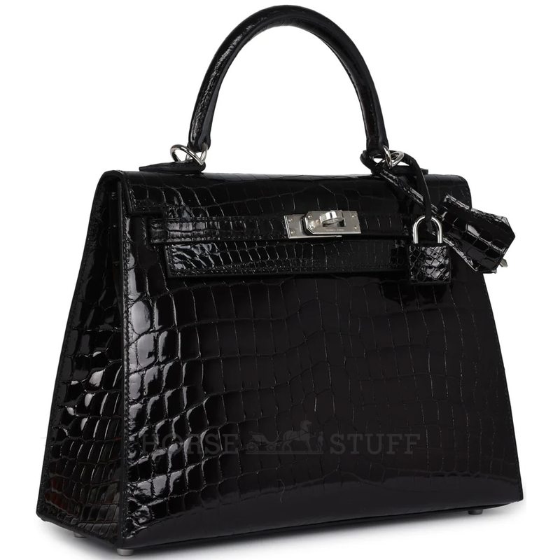 Hermès Kelly Sellier 25 Black Shiny Crocodile Niloticus PHW