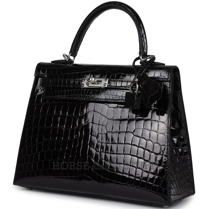 Hermès Kelly Sellier 25 Black Shiny Crocodile Niloticus PHW