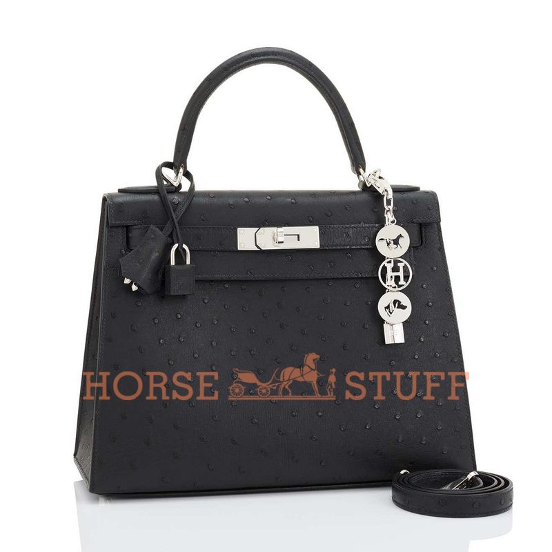 Hermès Kelly Sellier 25 Black Ostrich PHW