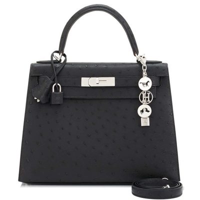 Hermès Kelly Sellier 25 Black Ostrich PHW