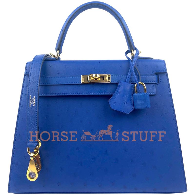 Hermès Kelly Sellier 25 Bleuet Ostrich GHW