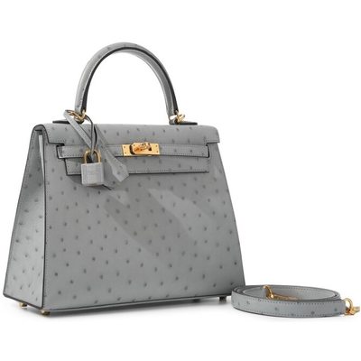 Hermès Kelly Sellier 25 Blue Pale Ostrich GHW 