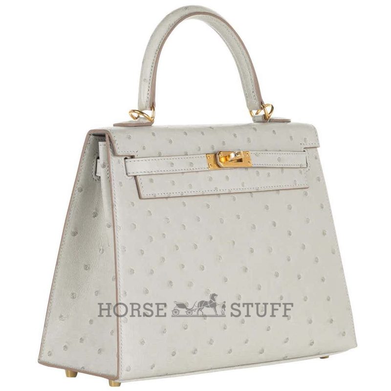 Hermès Kelly Sellier 25 Gris Perle Ostrich GHW