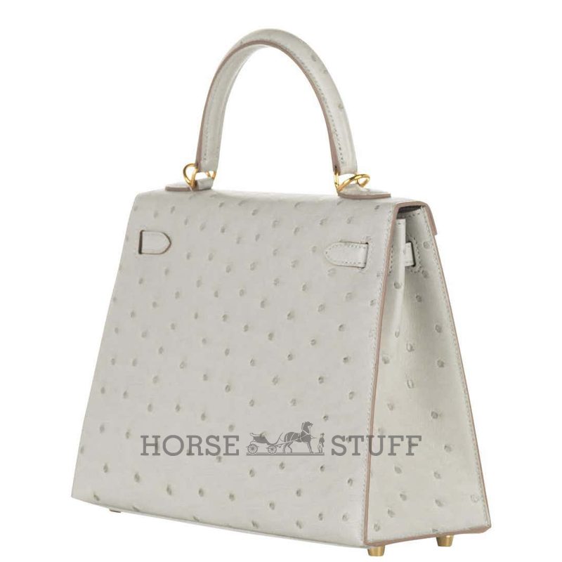 Hermès Kelly Sellier 25 Gris Perle Ostrich GHW