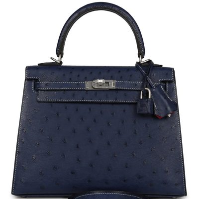 Hermès Kelly Sellier 25 Special Order HSS Verso Blue Iris / Rouge de Coeur with White Contrast Stitching Ostrich BPHW