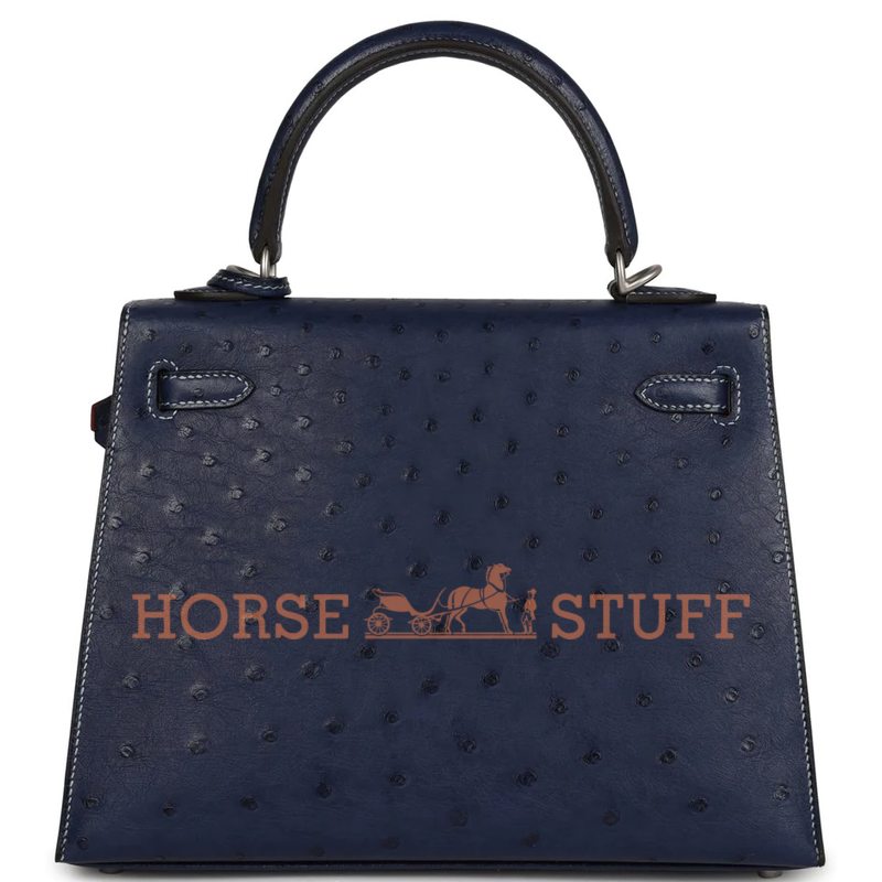 Hermès Kelly Sellier 25 Special Order HSS Verso Blue Iris / Rouge de Coeur with White Contrast Stitching Ostrich BPHW