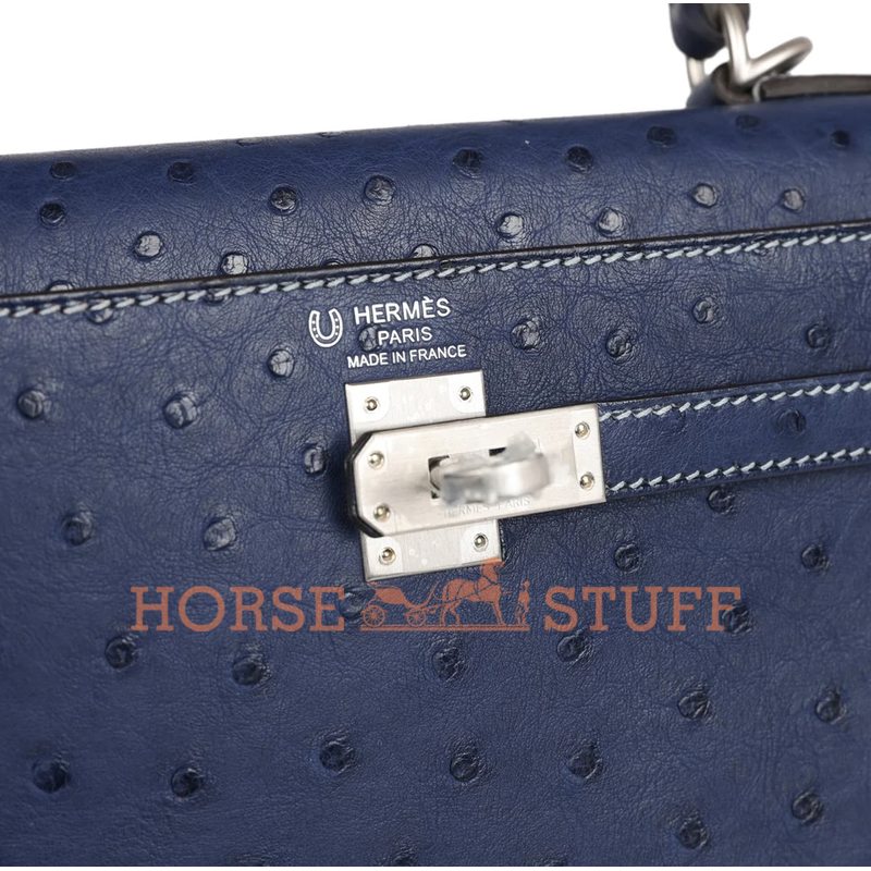 Hermès Kelly Sellier 25 Special Order HSS Verso Blue Iris / Rouge de Coeur with White Contrast Stitching Ostrich BPHW