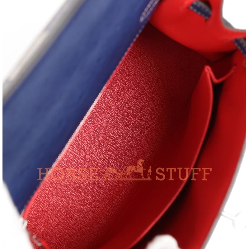 Hermès Kelly Sellier 25 Special Order HSS Verso Blue Iris / Rouge de Coeur with White Contrast Stitching Ostrich BPHW