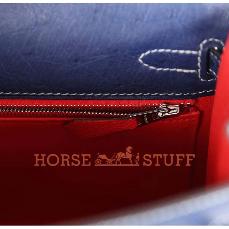 Hermès Kelly Sellier 25 Special Order HSS Verso Blue Iris / Rouge de Coeur with White Contrast Stitching Ostrich BPHW