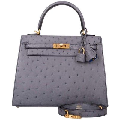 Hermès Kelly Sellier 25 Special Order HSS Verso Gris Agate / Blue Elecrique Ostrich BGHW