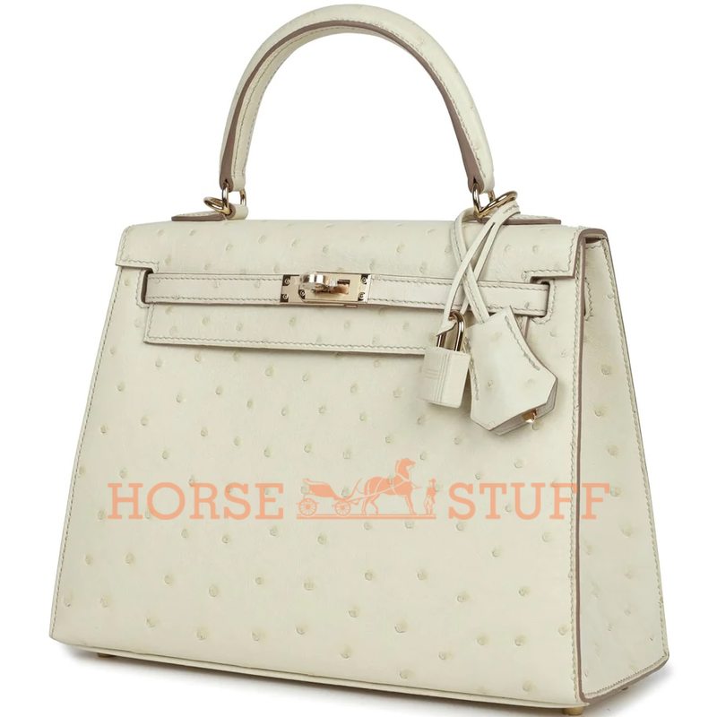 Hermès Kelly Sellier 25 Special Order HSS Verso Nata / Gris Perle Ostrich Permabrass