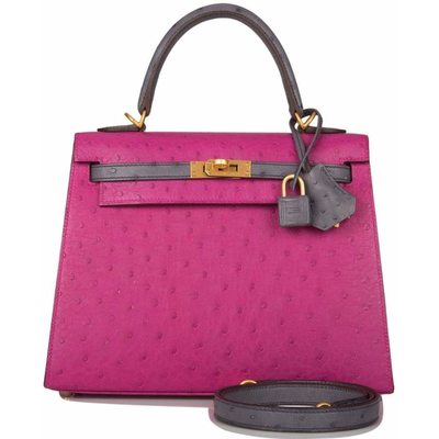 Hermès Kelly Sellier 25 Special Order HSS Rose Pourpre / Gris Agate Ostrich BGHW