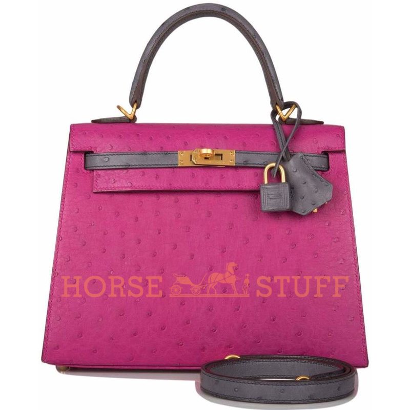 Hermès Kelly Sellier 25 Special Order HSS Rose Pourpre / Gris Agate Ostrich BGHW