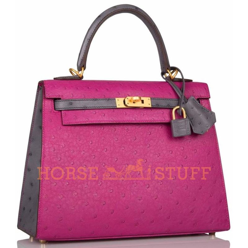 Hermès Kelly Sellier 25 Special Order HSS Rose Pourpre / Gris Agate Ostrich BGHW