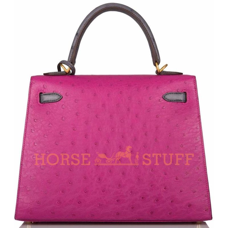 Hermès Kelly Sellier 25 Special Order HSS Rose Pourpre / Gris Agate Ostrich BGHW