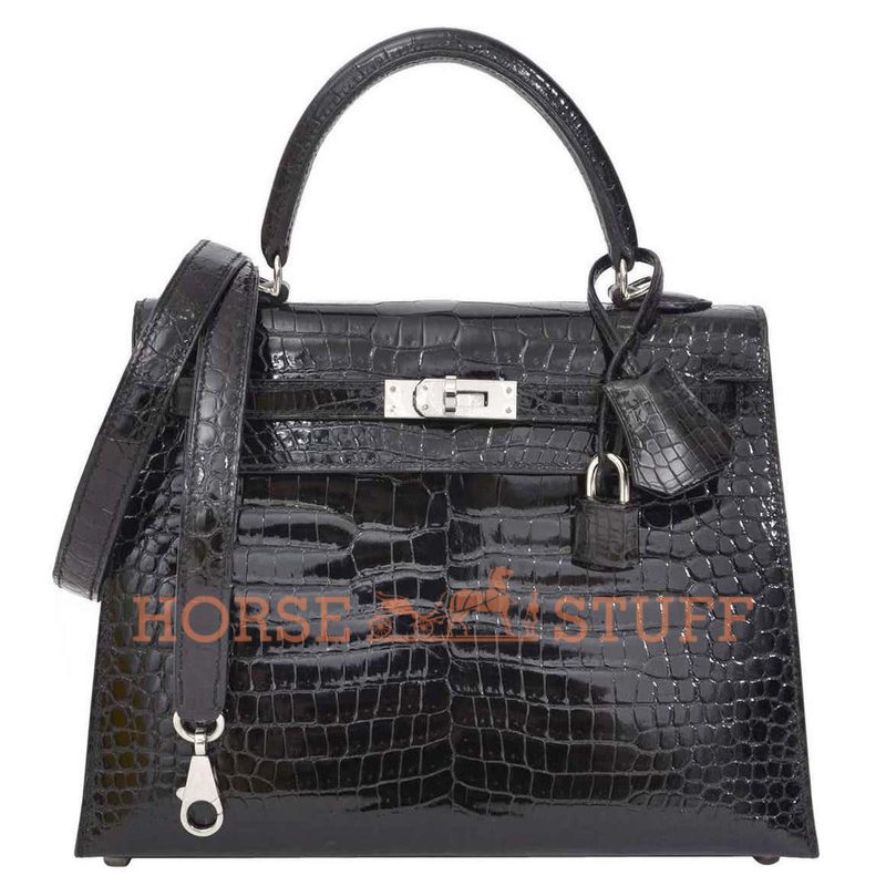 Hermès Kelly Sellier 25 Black Lisse Crocodile Porosus PHW