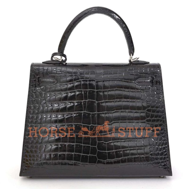 Hermès Kelly Sellier 25 Black Lisse Crocodile Porosus PHW