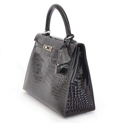 Hermès Kelly Sellier 25 Black Shiny Crocodile Porosus PHW