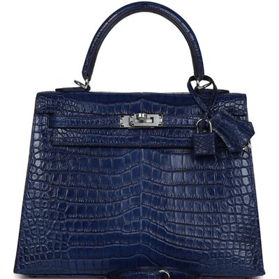 Hermès Kelly Sellier 25 Blue Indigo Aizome Matte Crocodile Porosus PHW