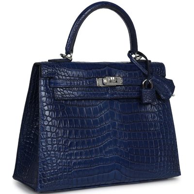 Hermès Kelly Sellier 25 Blue Indigo Aizome Matte Crocodile Porosus PHW