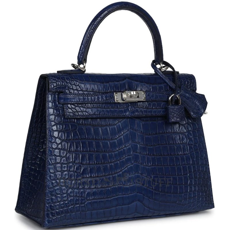 Hermès Kelly Sellier 25 Blue Indigo Aizome Matte Crocodile Porosus PHW