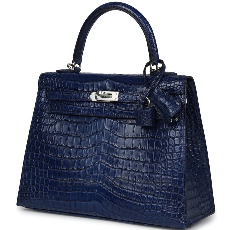 Hermès Kelly Sellier 25 Blue Indigo Aizome Matte Crocodile Porosus PHW