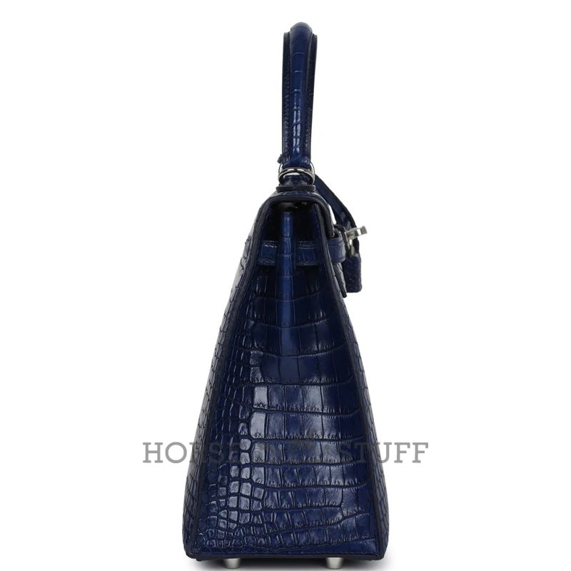 Hermès Kelly Sellier 25 Blue Indigo Aizome Matte Crocodile Porosus PHW