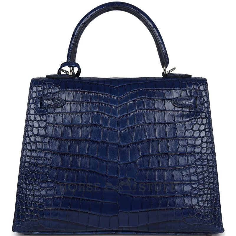 Hermès Kelly Sellier 25 Blue Indigo Aizome Matte Crocodile Porosus PHW