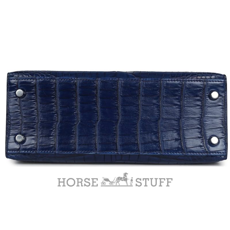 Hermès Kelly Sellier 25 Blue Indigo Aizome Matte Crocodile Porosus PHW