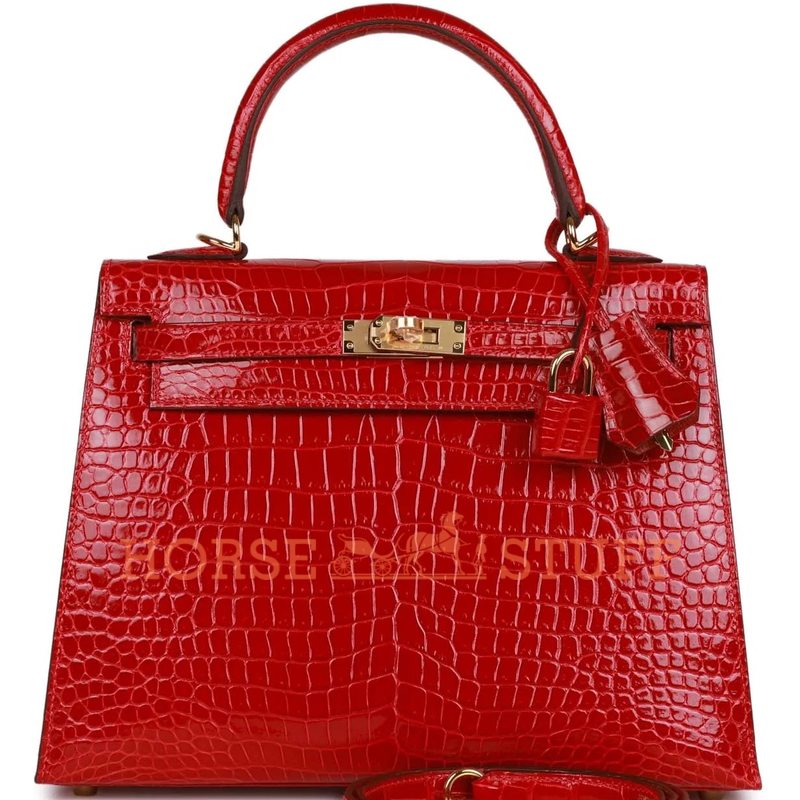 Hermès Kelly Sellier 25 Braise Lisse Crocodile Porosus GHW