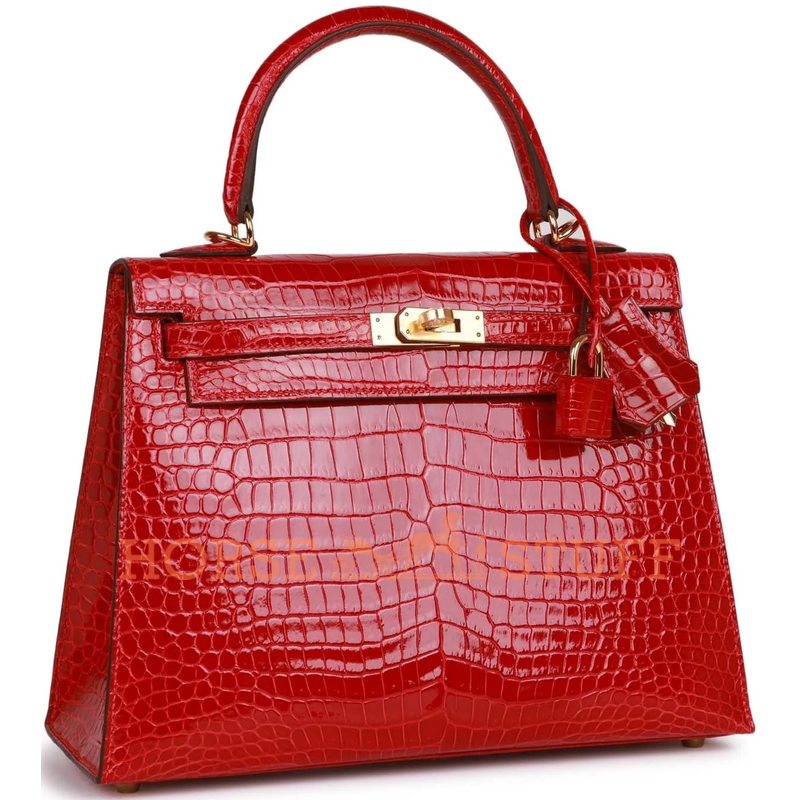 Hermès Kelly Sellier 25 Braise Lisse Crocodile Porosus GHW