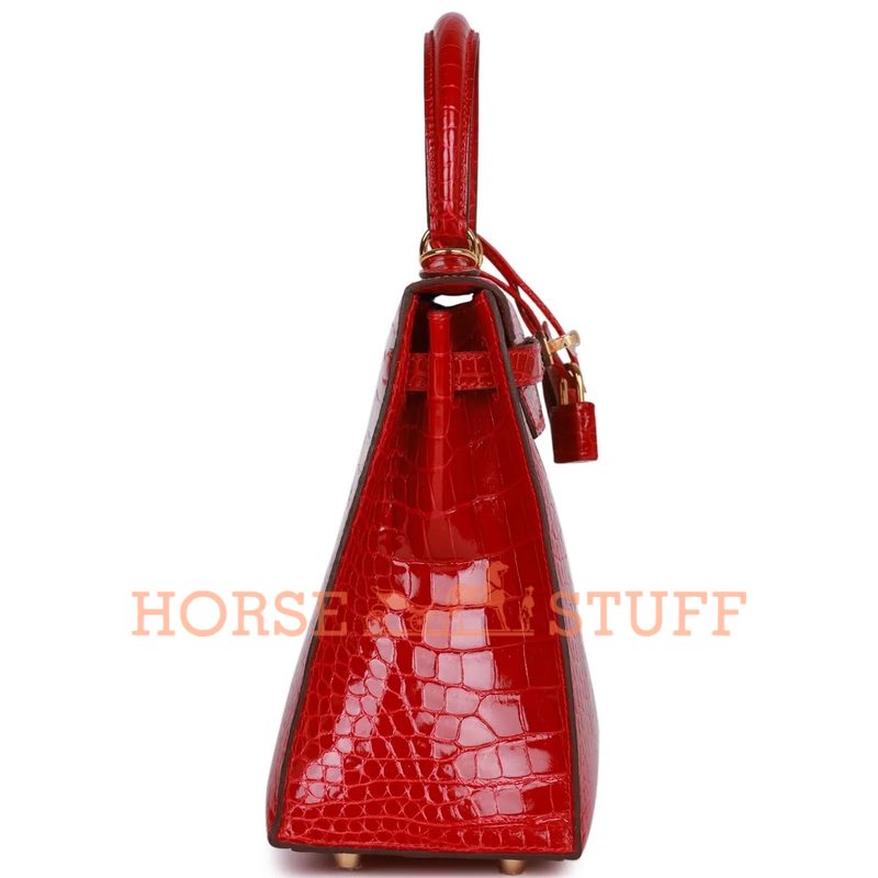 Hermès Kelly Sellier 25 Braise Lisse Crocodile Porosus GHW