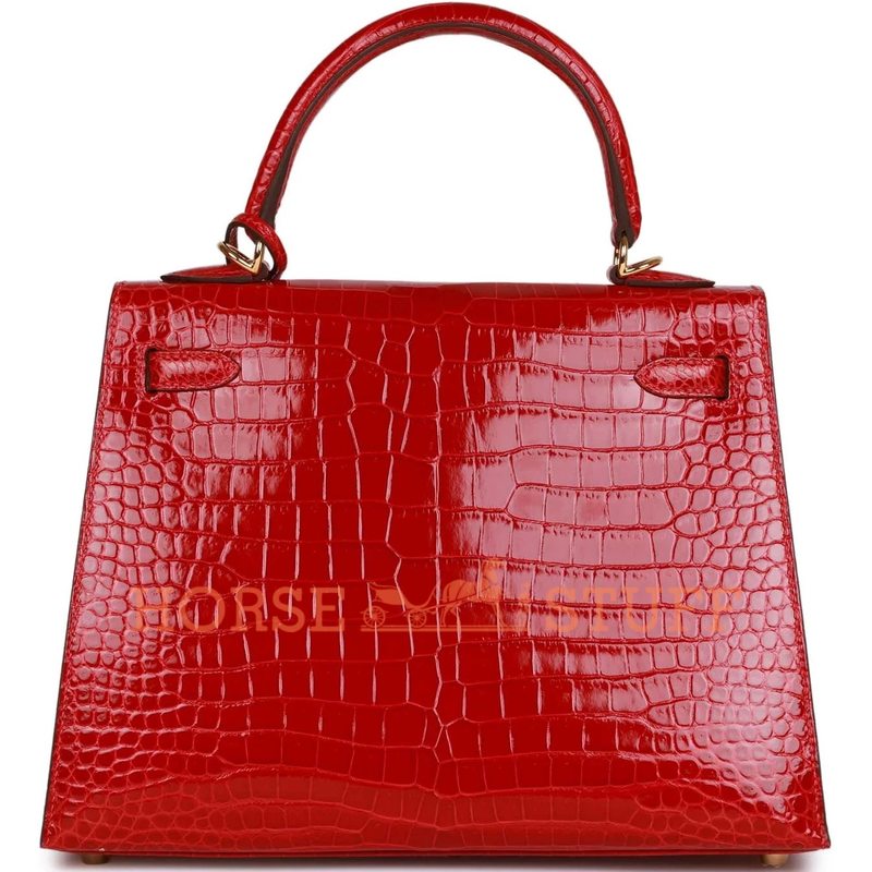 Hermès Kelly Sellier 25 Braise Lisse Crocodile Porosus GHW