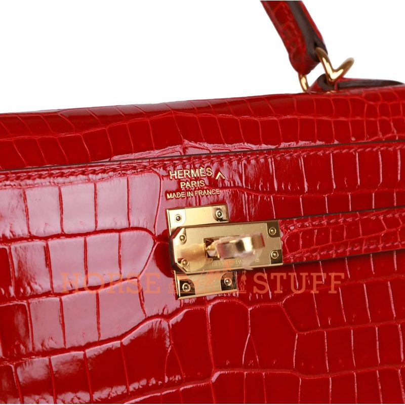 Hermès Kelly Sellier 25 Braise Lisse Crocodile Porosus GHW