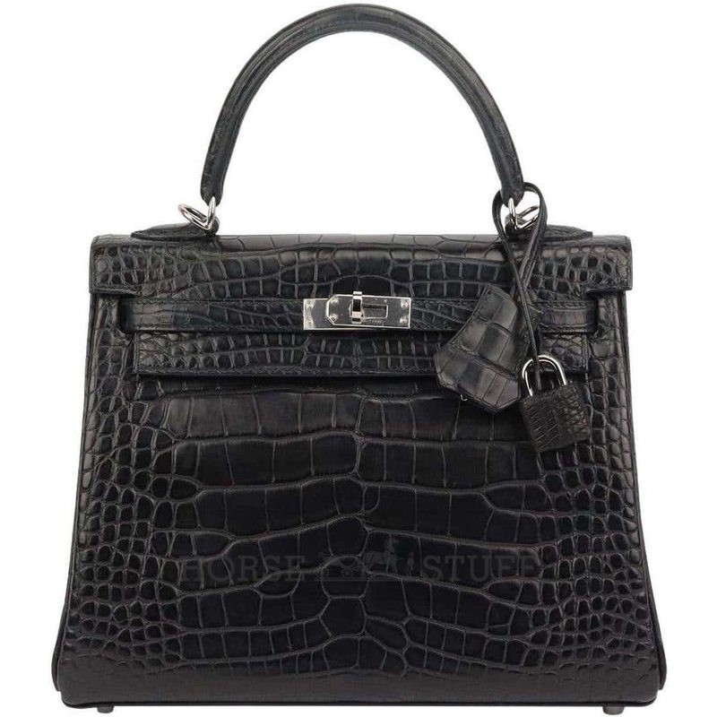 Hermès Kelly Retourne 25 Black Matte Crocodile Alligator PHW