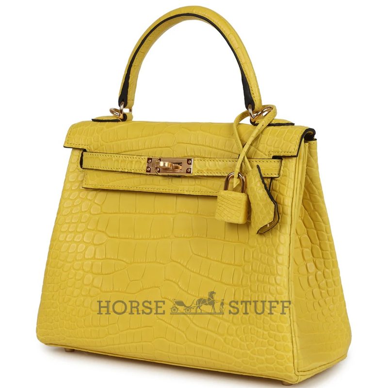 Hermès Kelly Retourne 25 Mimosa Matte Crocodile Alligator GHW