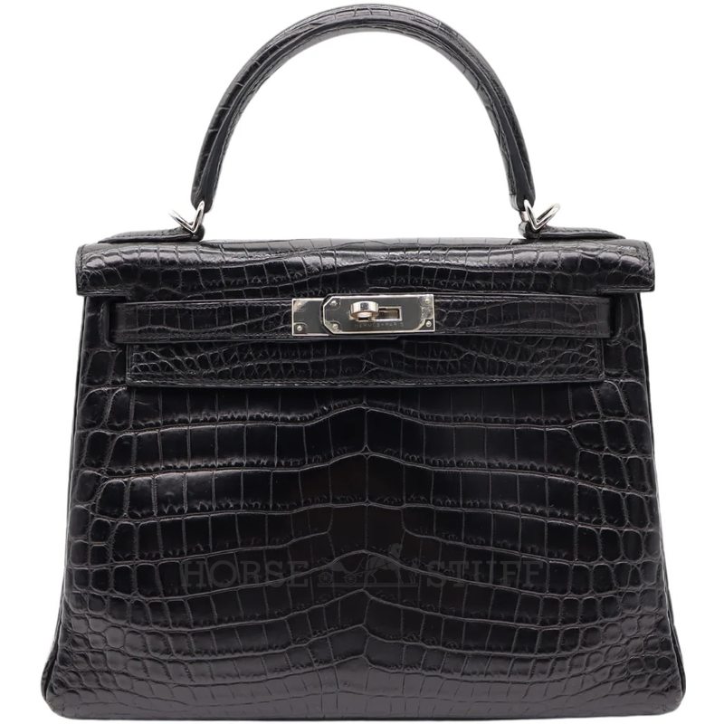 Hermès Kelly Retourne 25 Black Matte Crocodile Niloticus PHW
