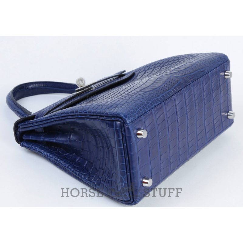 Hermès Kelly Retourne 25 Blue de Malte Matte Crocodile Porosus PHW