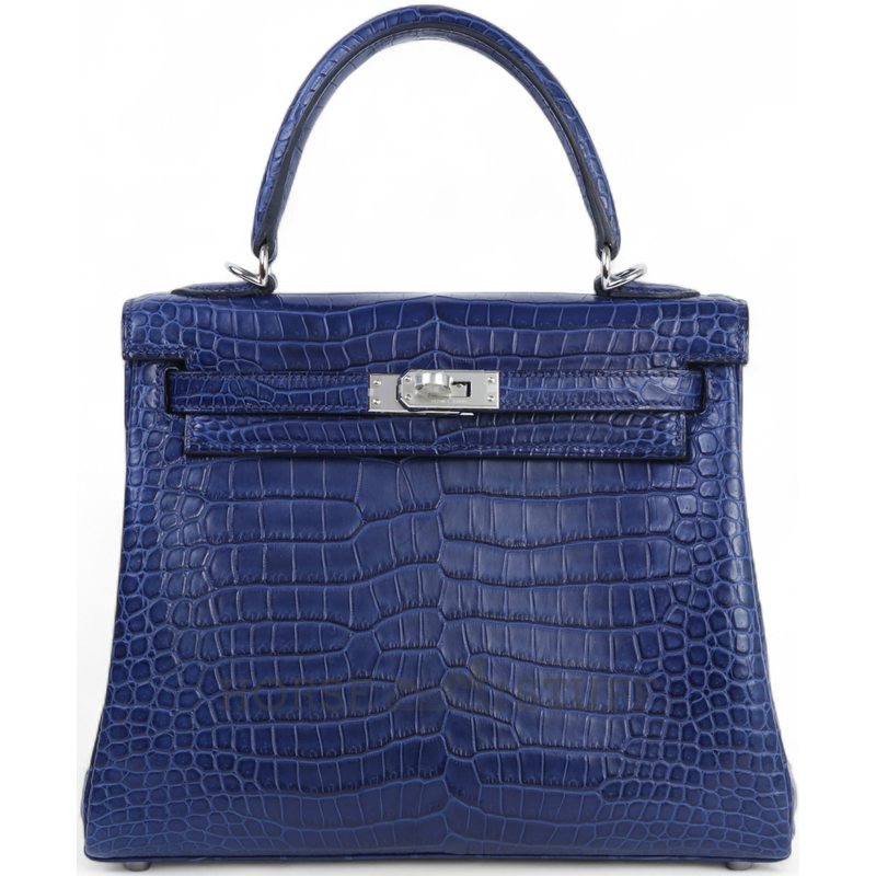 Hermès Kelly Retourne 25 Blue de Malte Matte Crocodile Porosus PHW